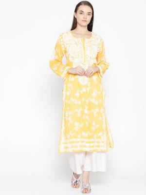 Hand Embroidered Yellow Cotton Lucknow Chikankari Kurti 2