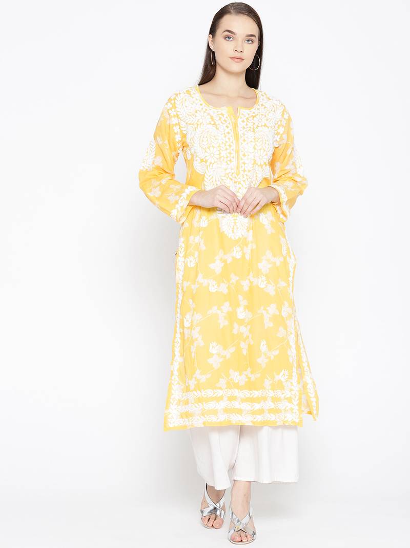 Hand Embroidered Yellow Cotton Lucknow Chikankari Kurti