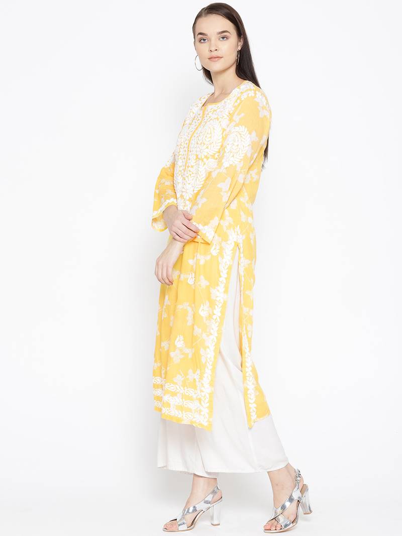 Hand Embroidered Yellow Cotton Lucknow Chikankari Kurti