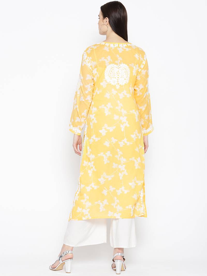 Hand Embroidered Yellow Cotton Lucknow Chikankari Kurti