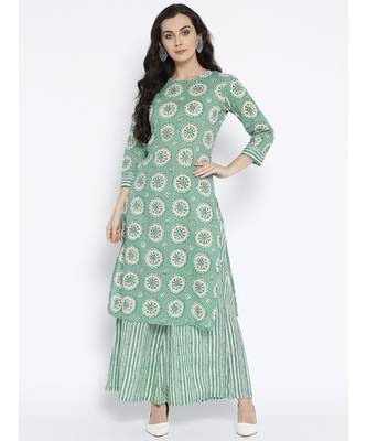 Green printed Cotton Kurta and Palazzo Set 1