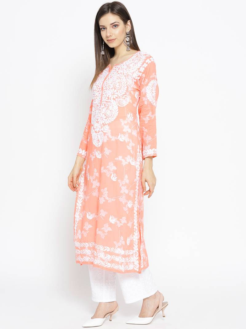Ada Hand Embroidered Peach Cotton Lucknow Chikankari Women Kurti - A100110