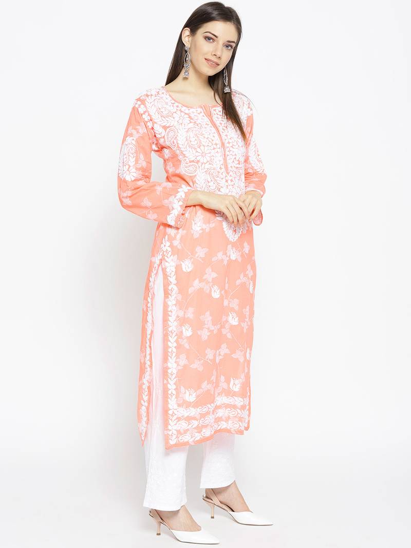 Ada Hand Embroidered Peach Cotton Lucknow Chikankari Women Kurti - A100110