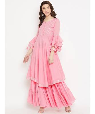 Pink plain Cotton Kurta and Skirt Set 1