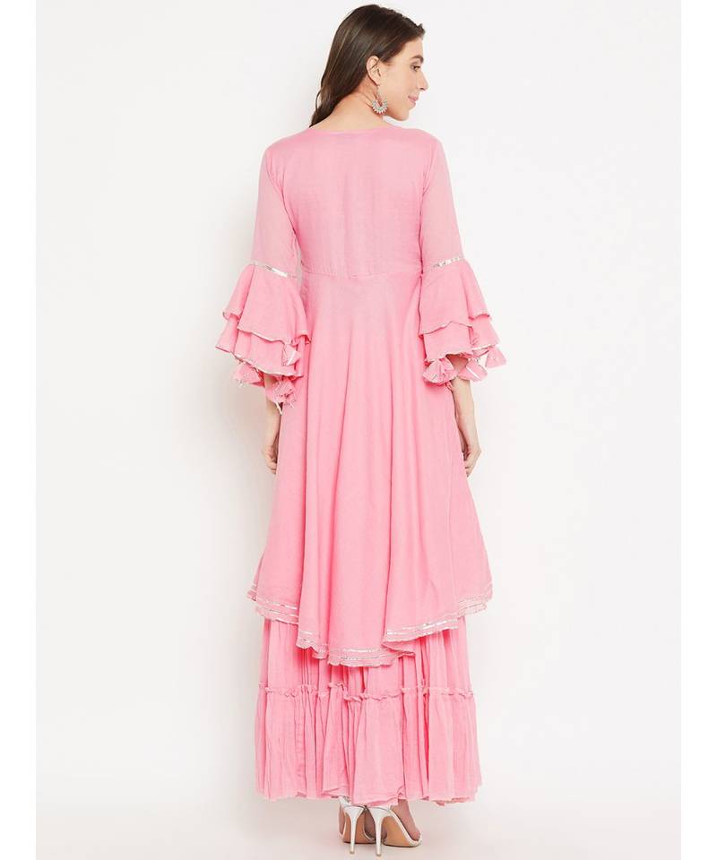 Pink plain Cotton Kurta and Skirt Set