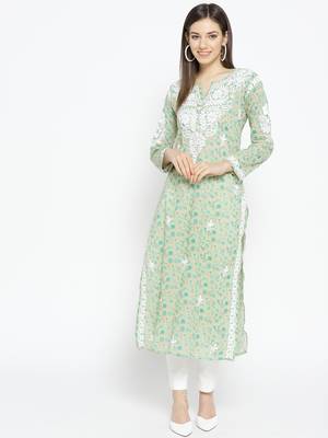 Hand Embroidered Fawn Green Cotton Lucknow Chikankari Kurti 1