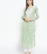 Hand Embroidered Fawn Green Cotton Lucknow Chikankari Kurti
