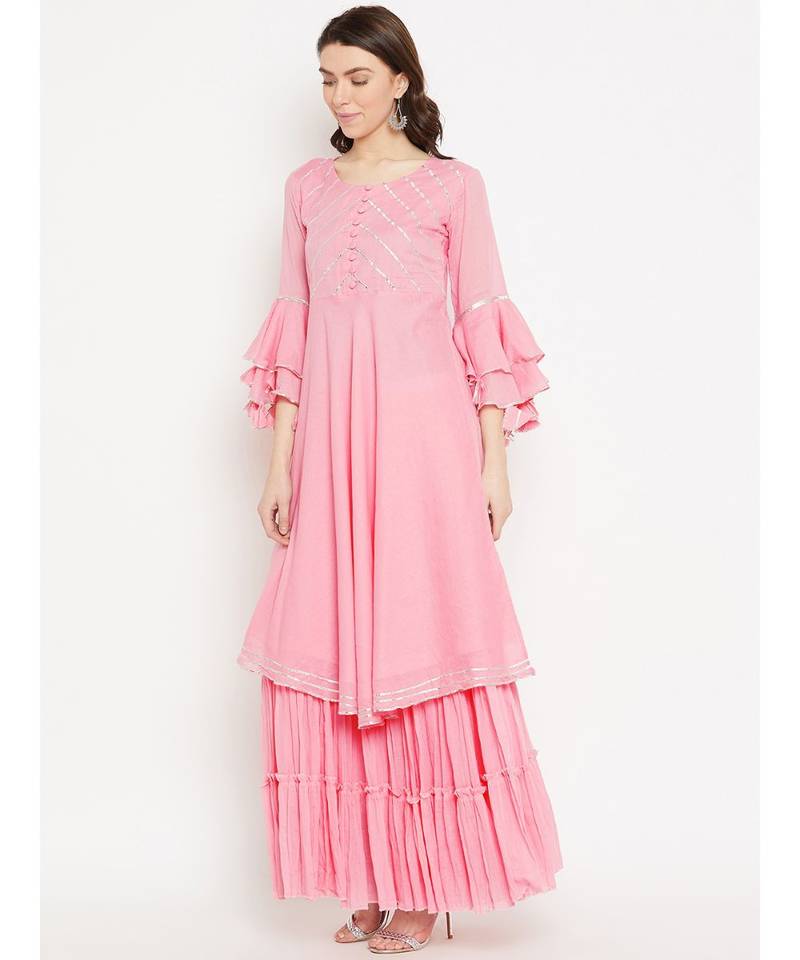 Pink plain Cotton Kurta and Skirt Set