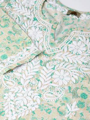 Hand Embroidered Fawn Green Cotton Lucknow Chikankari Kurti 2