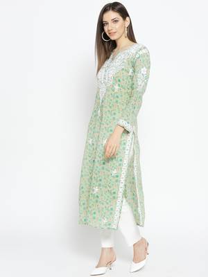 Hand Embroidered Fawn Green Cotton Lucknow Chikankari Kurti 3