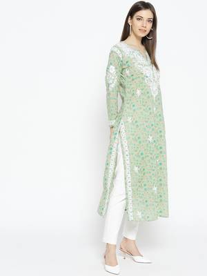 Hand Embroidered Fawn Green Cotton Lucknow Chikankari Kurti 4