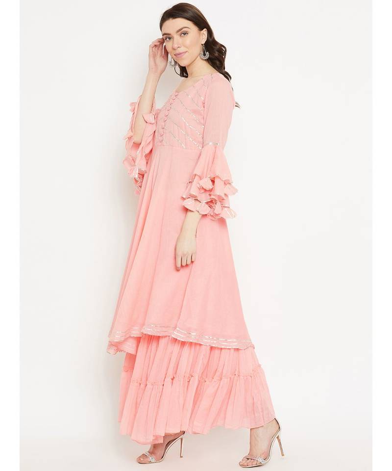 Peach plain Cotton Kurta and Skirt Set