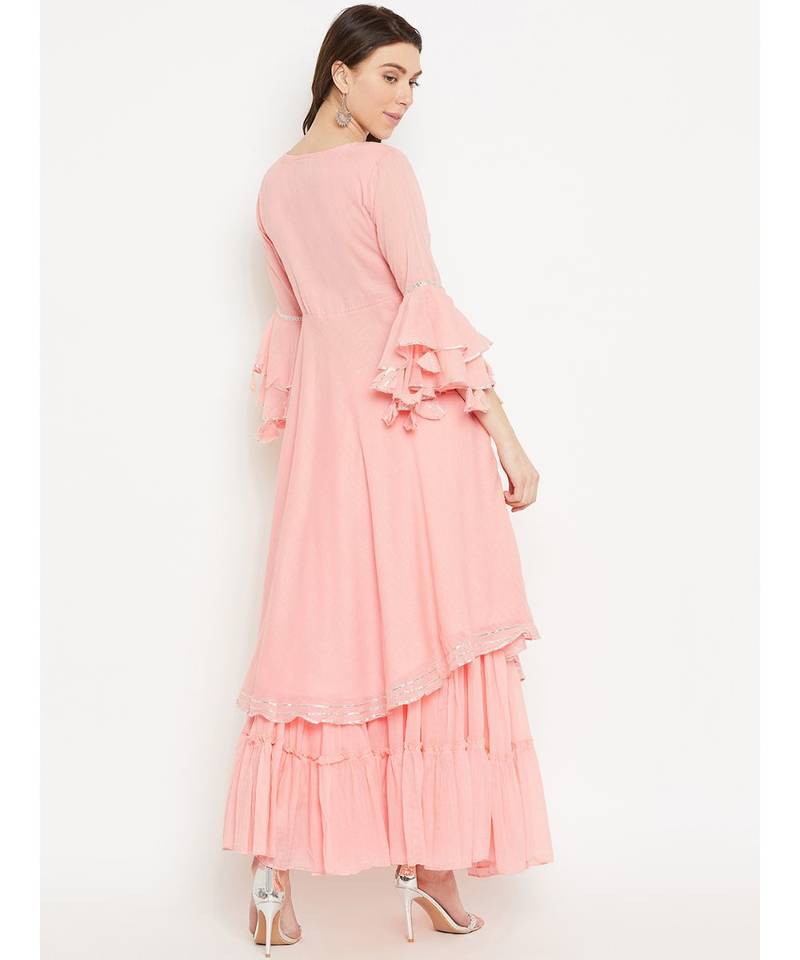 Peach plain Cotton Kurta and Skirt Set