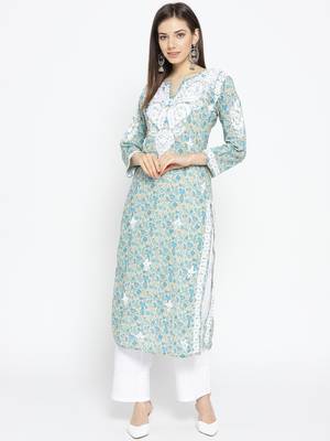Hand Embroidered Fawn Blue Cotton Lucknow Chikankari Kurti 1