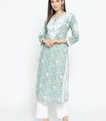 Hand Embroidered Fawn Blue Cotton Lucknow Chikankari Kurti