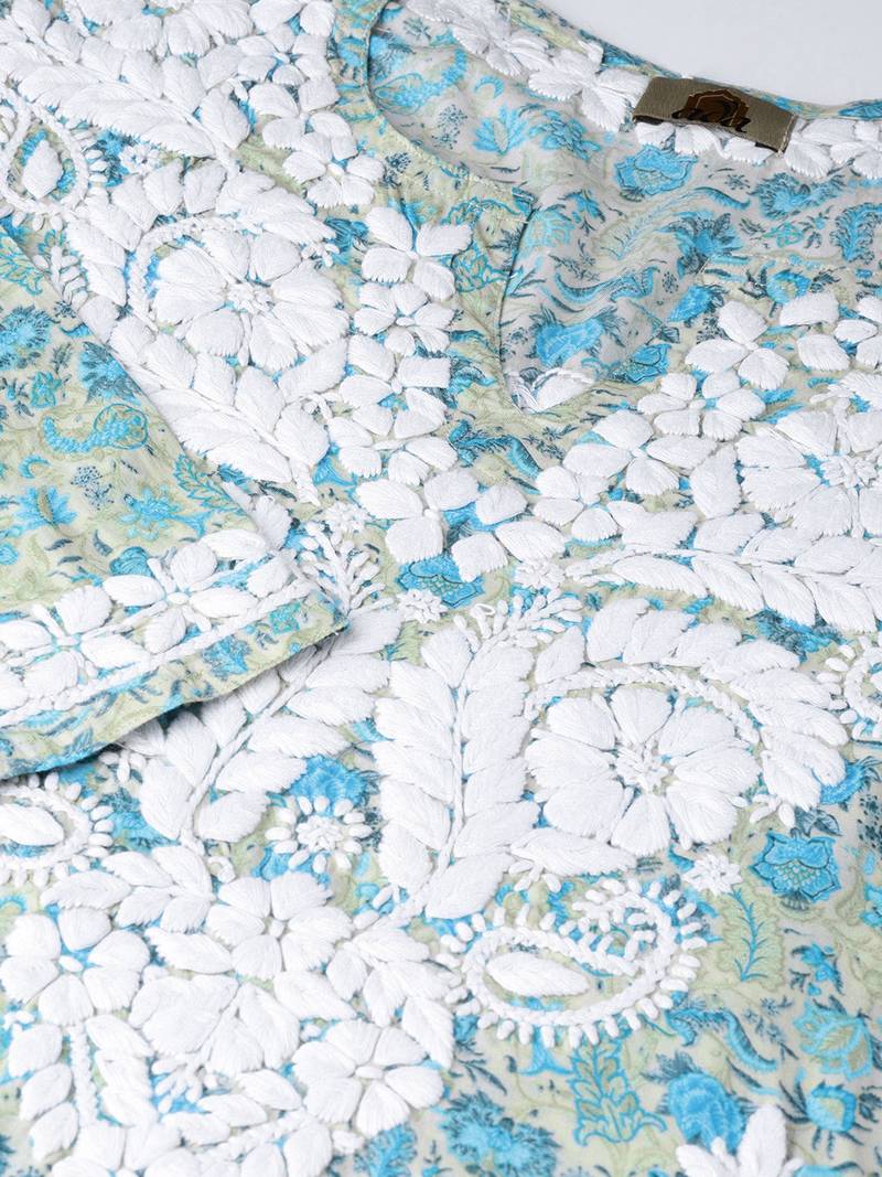 Hand Embroidered Fawn Blue Cotton Lucknow Chikankari Kurti