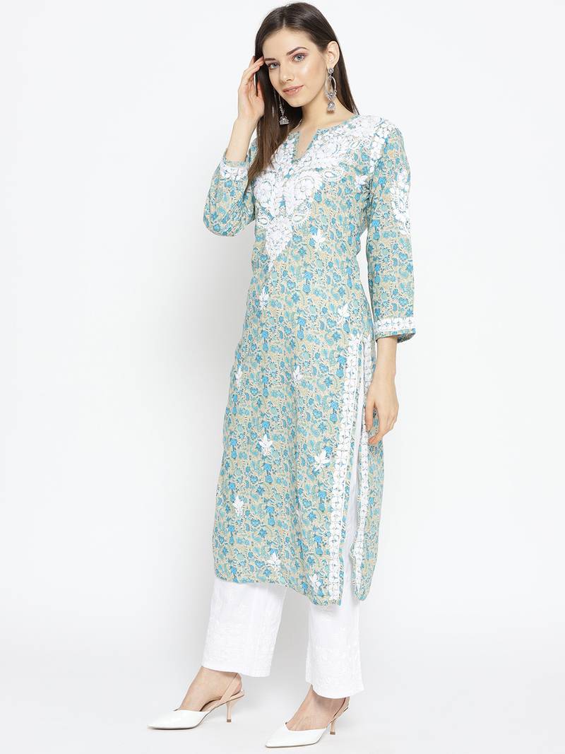 Hand Embroidered Fawn Blue Cotton Lucknow Chikankari Kurti