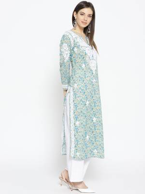 Hand Embroidered Fawn Blue Cotton Lucknow Chikankari Kurti 4