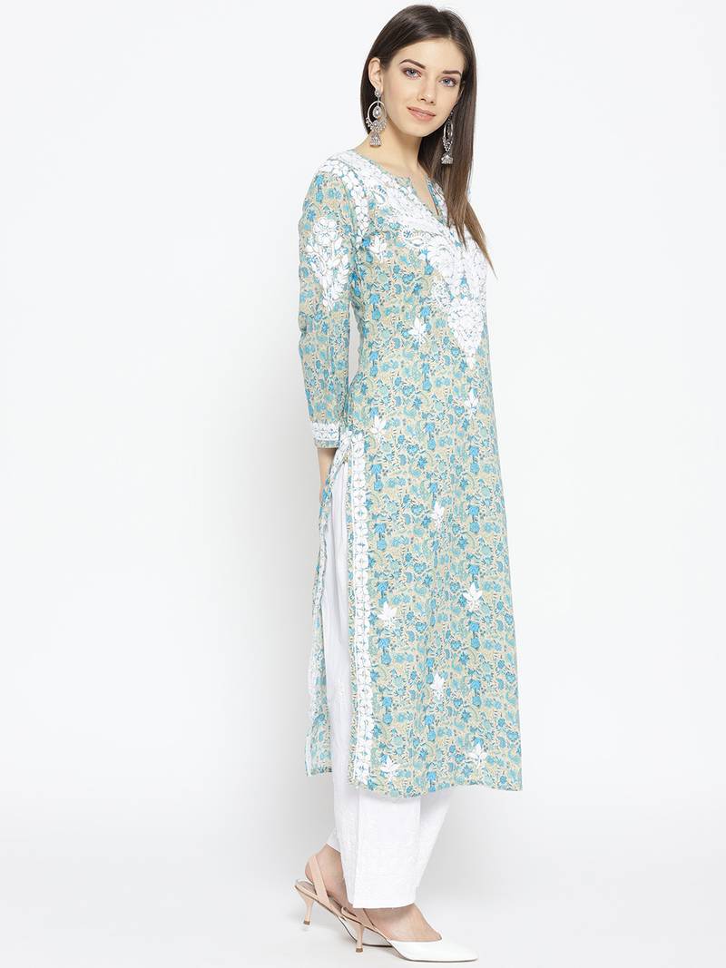 Hand Embroidered Fawn Blue Cotton Lucknow Chikankari Kurti