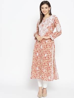 Hand Embroidered Fawn Red Cotton Lucknow Chikankari Kurti 1