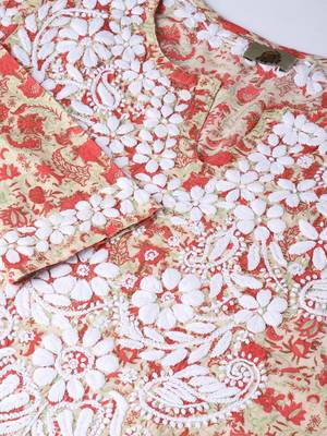 Hand Embroidered Fawn Red Cotton Lucknow Chikankari Kurti 2