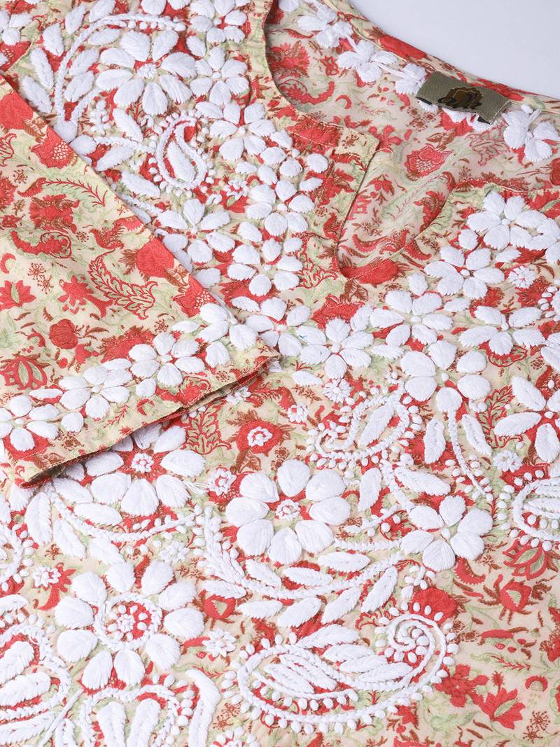 Hand Embroidered Fawn Red Cotton Lucknow Chikankari Kurti