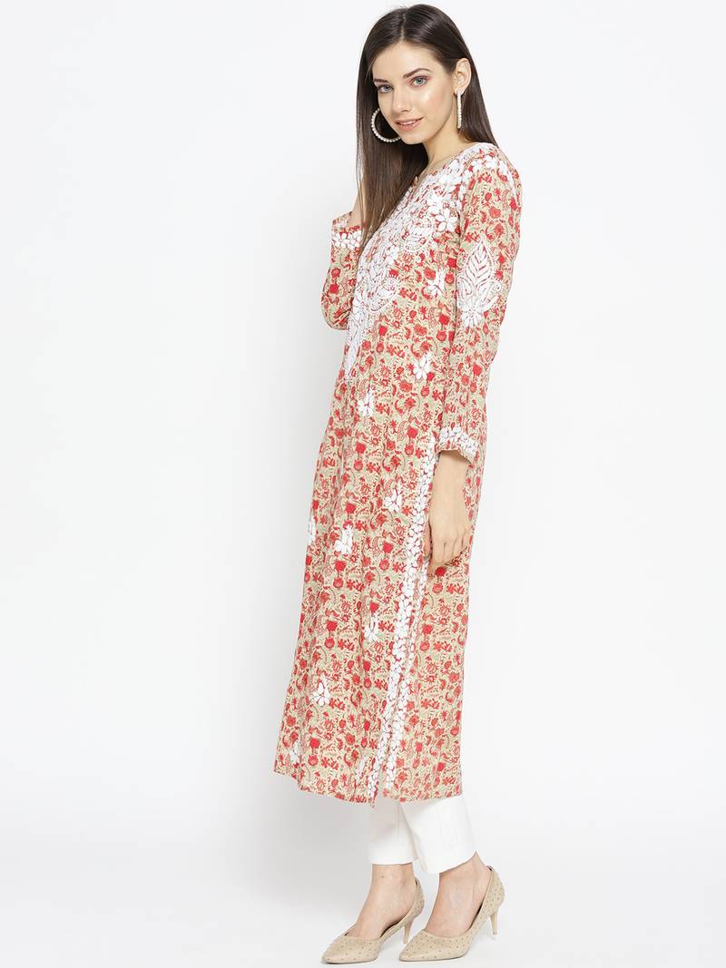 Hand Embroidered Fawn Red Cotton Lucknow Chikankari Kurti