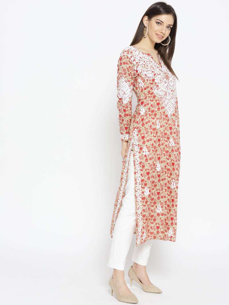 Hand Embroidered Fawn Red Cotton Lucknow Chikankari Kurti