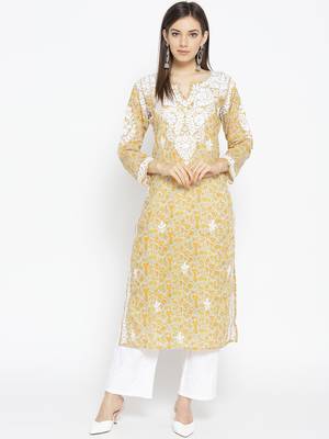 Hand Embroidered Fawn Yellow Cotton Lucknow Chikankari Kurti 1