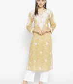 Hand Embroidered Fawn Yellow Cotton Lucknow Chikankari Kurti