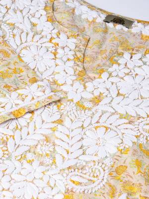 Hand Embroidered Fawn Yellow Cotton Lucknow Chikankari Kurti 2