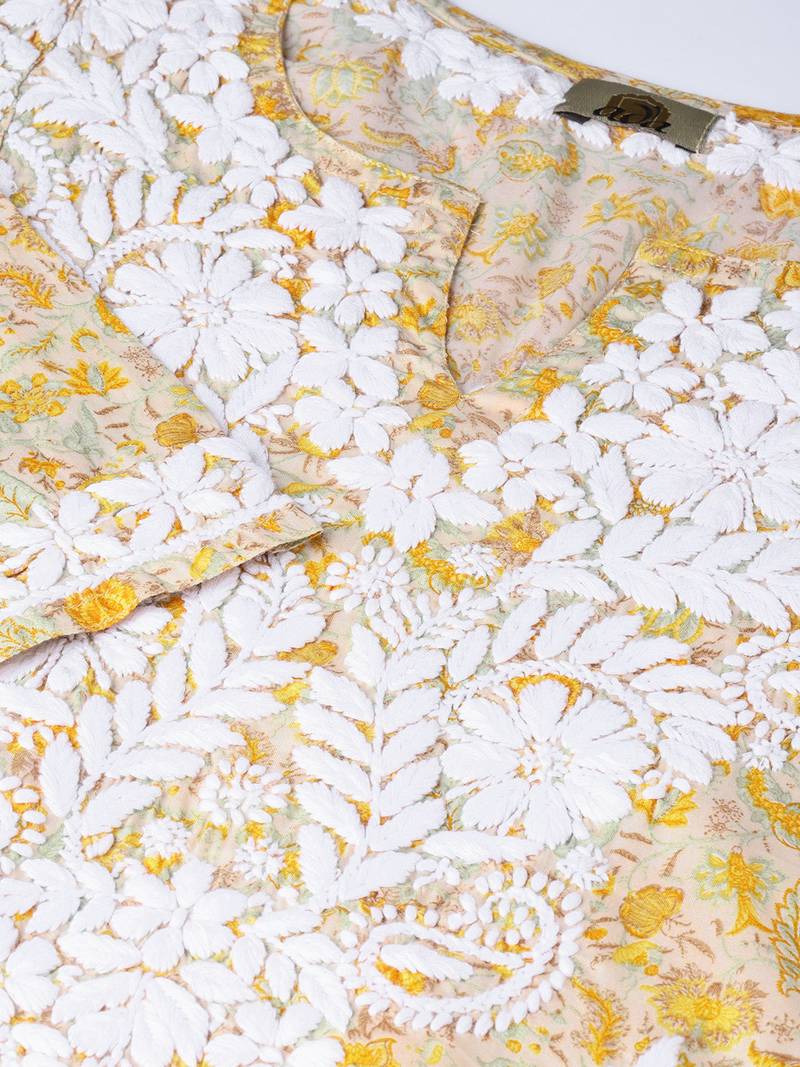 Hand Embroidered Fawn Yellow Cotton Lucknow Chikankari Kurti