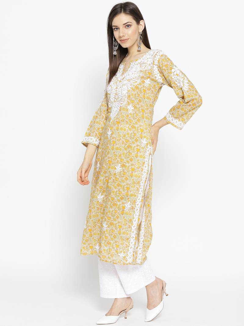 Hand Embroidered Fawn Yellow Cotton Lucknow Chikankari Kurti