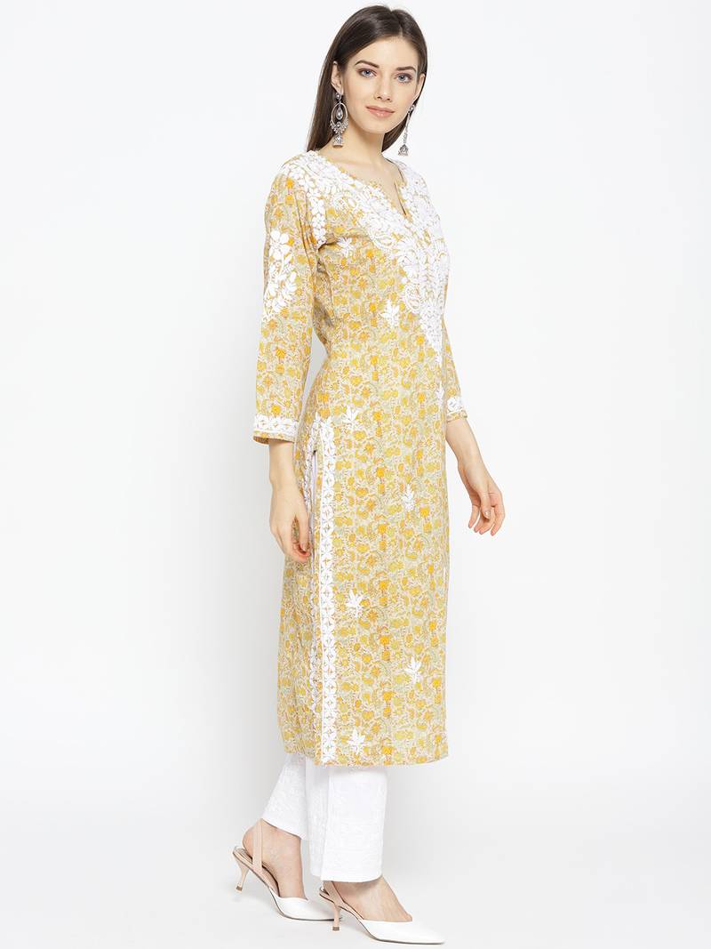 Hand Embroidered Fawn Yellow Cotton Lucknow Chikankari Kurti