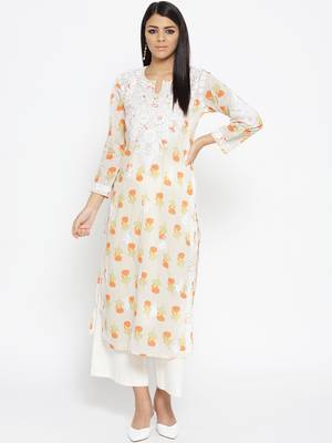 Ada Women Hand Embroidered Fawn Orange Cotton Lucknow Chikankari Kurti - A100025 1
