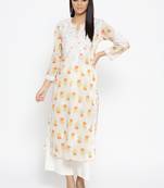 Ada Women Hand Embroidered Fawn Orange Cotton Lucknow Chikankari Kurti - A100025