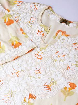 Ada Women Hand Embroidered Fawn Orange Cotton Lucknow Chikankari Kurti - A100025 2