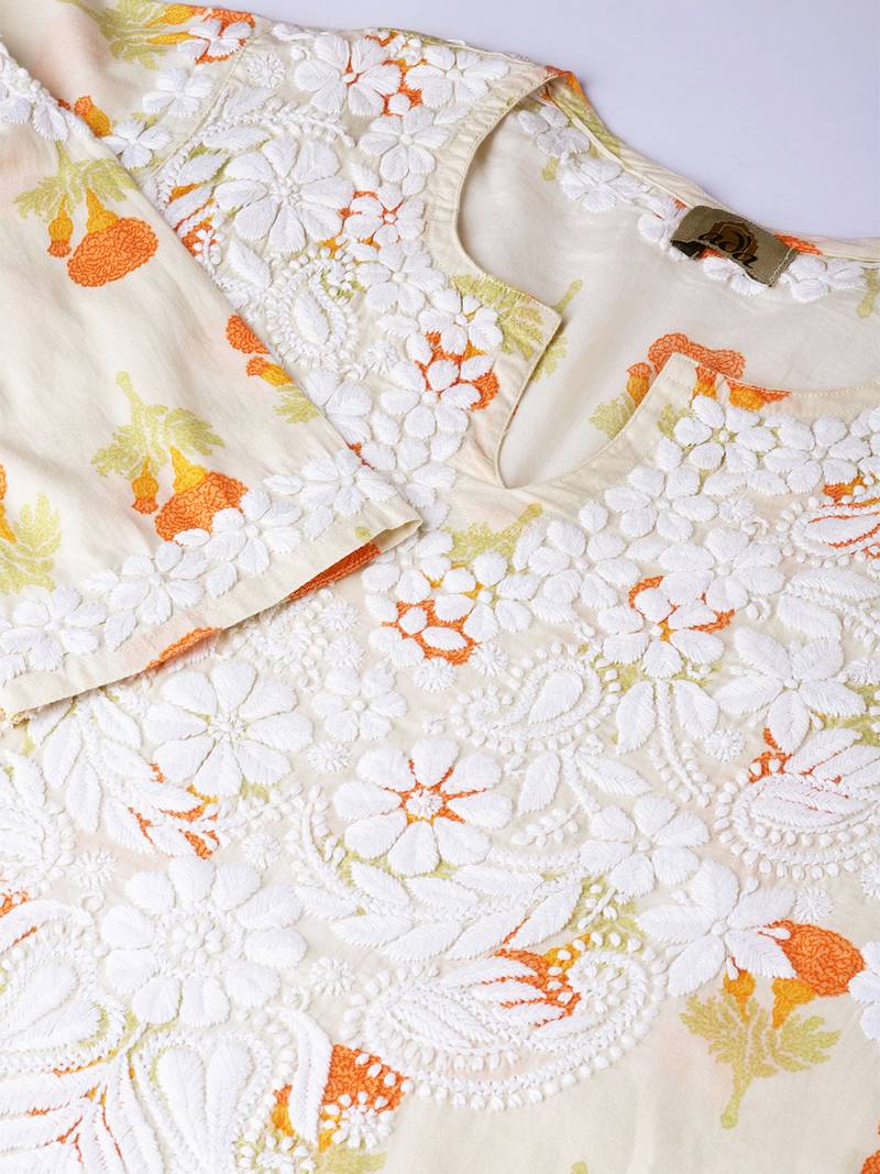 Ada Women Hand Embroidered Fawn Orange Cotton Lucknow Chikankari Kurti - A100025