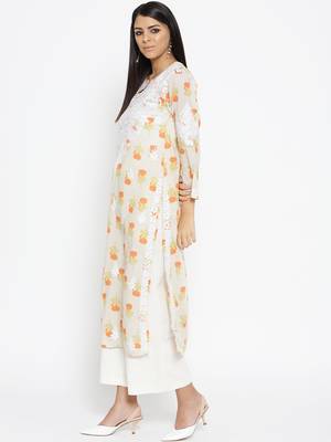 Ada Women Hand Embroidered Fawn Orange Cotton Lucknow Chikankari Kurti - A100025 3