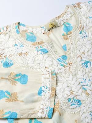 Hand Embroidered Fawn Blue Cotton Lucknow Chikankari Kurti  2