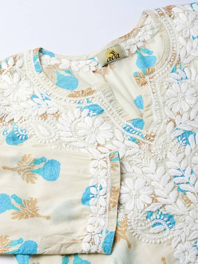 Hand Embroidered Fawn Blue Cotton Lucknow Chikankari Kurti 