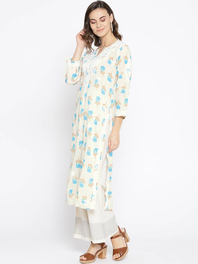 Hand Embroidered Fawn Blue Cotton Lucknow Chikankari Kurti 