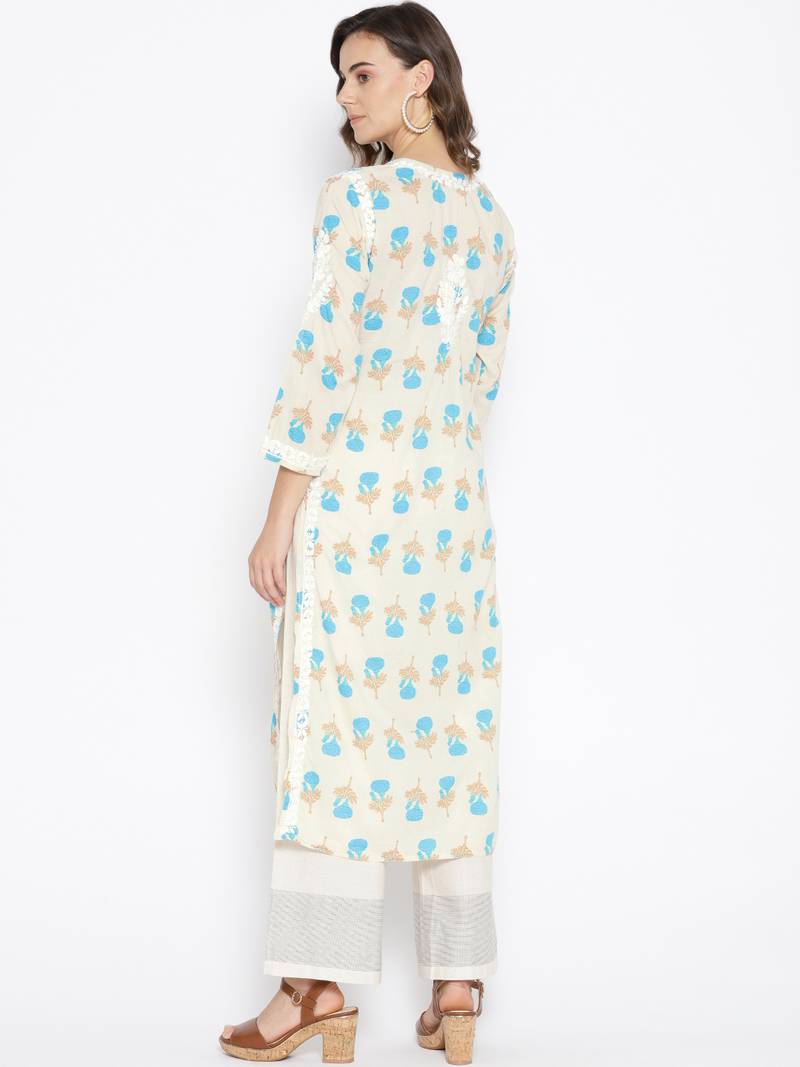 Hand Embroidered Fawn Blue Cotton Lucknow Chikankari Kurti 