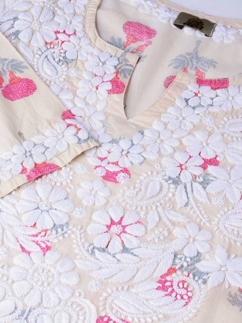 Hand Embroidered Fawn Pink  Cotton Lucknow Chikankari Kurti 