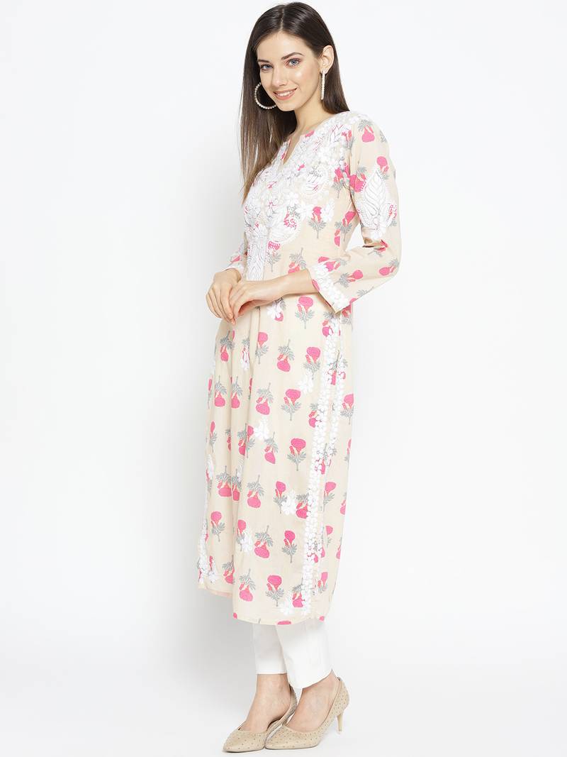 Hand Embroidered Fawn Pink  Cotton Lucknow Chikankari Kurti 