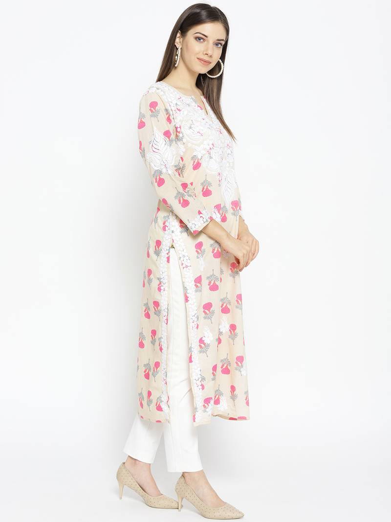 Hand Embroidered Fawn Pink  Cotton Lucknow Chikankari Kurti 