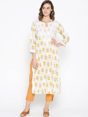 Hand Embroidered Fawn Yellow  Cotton Lucknow Chikankari Kurti  1