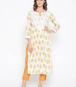 Hand Embroidered Fawn Yellow  Cotton Lucknow Chikankari Kurti 