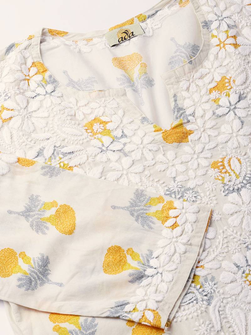Hand Embroidered Fawn Yellow  Cotton Lucknow Chikankari Kurti 