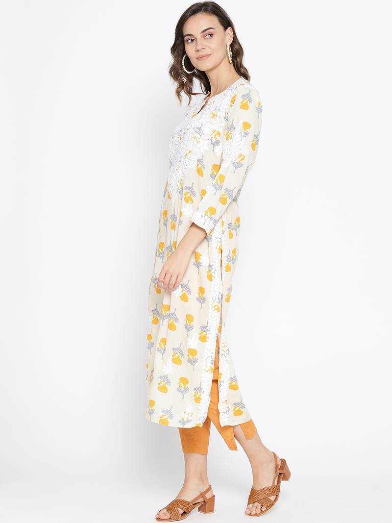 Hand Embroidered Fawn Yellow  Cotton Lucknow Chikankari Kurti 
